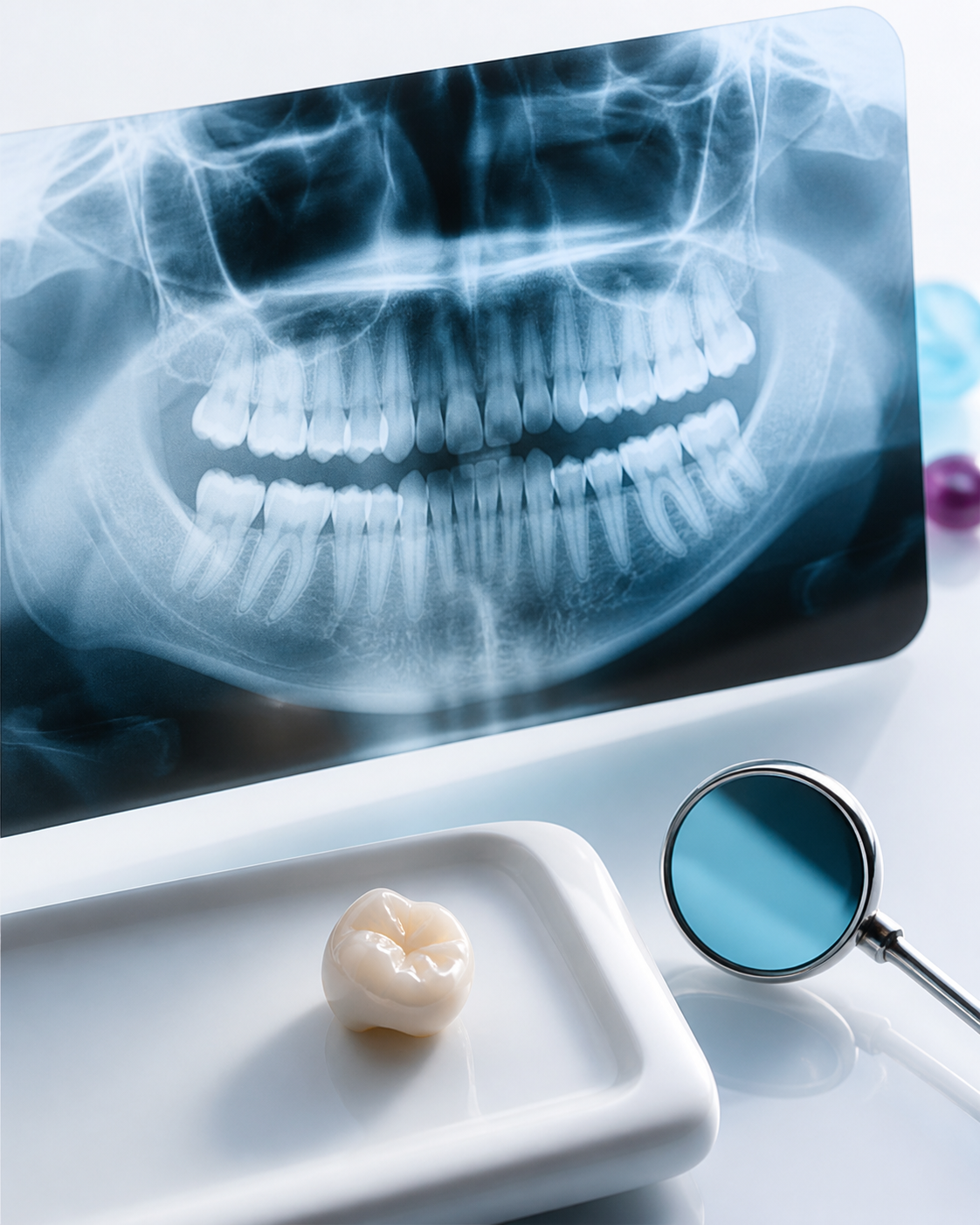 Radiografía dental, corona cerámica y espejo de diagnóstico